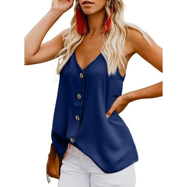 Button Down V Neck Strappy Tank Tops