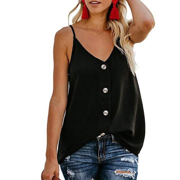 Button Down V Neck Strappy Tank Tops